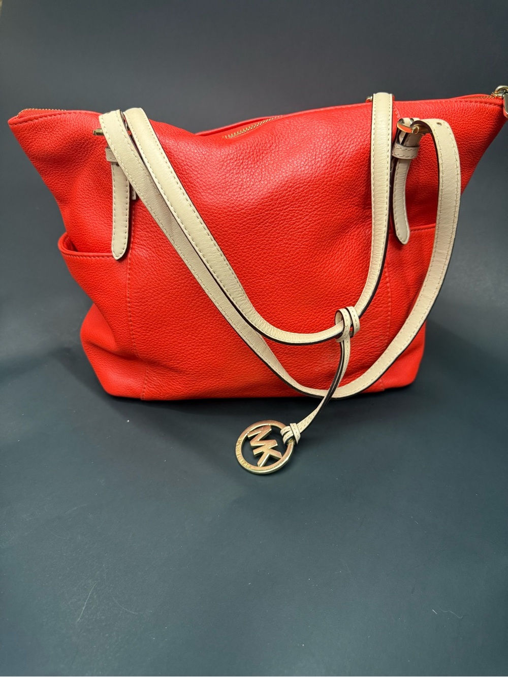 Michael Kors Red Pebbled Leather Shoulder Bag with Cream Straps